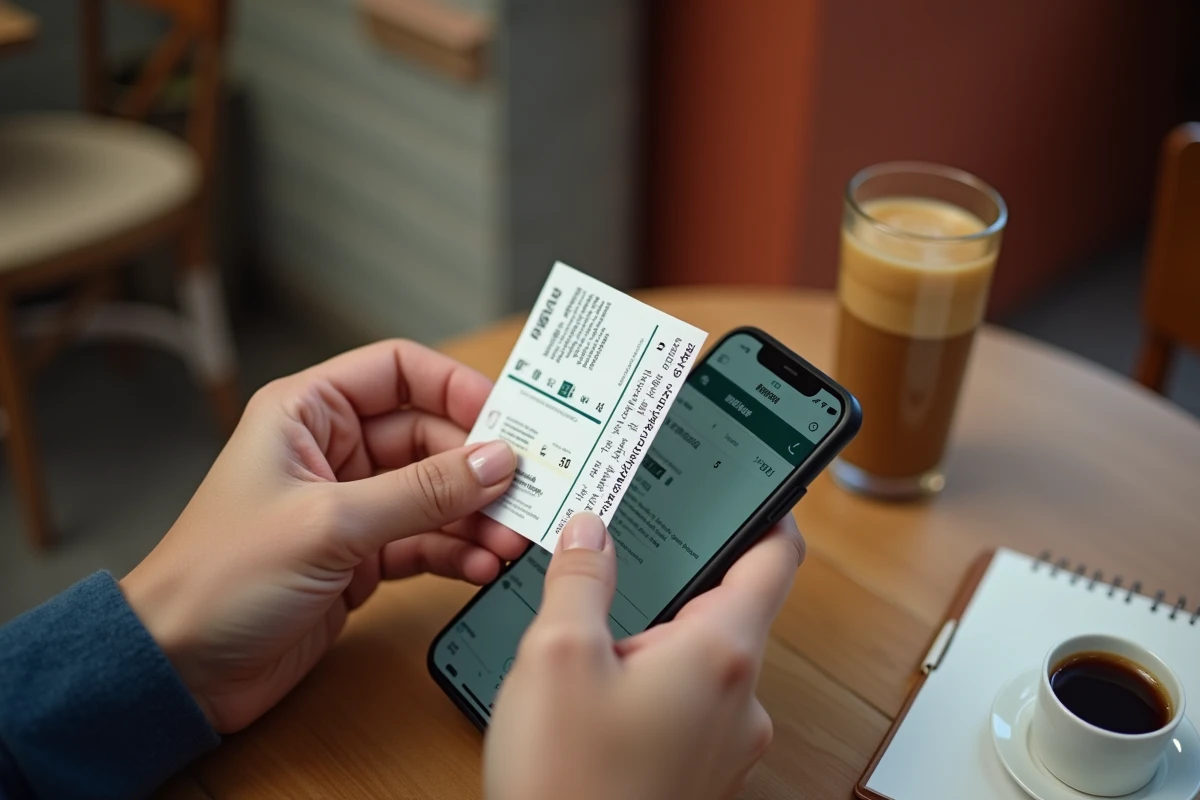 Comparaison de billets Juventus sur smartphone et billet imprimé posés sur une table de café à Turin