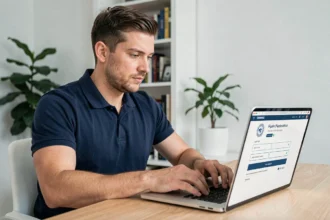 Un homme connecté à son compte Footclub FFF sur un ordinateur portable dans un bureau à domicile