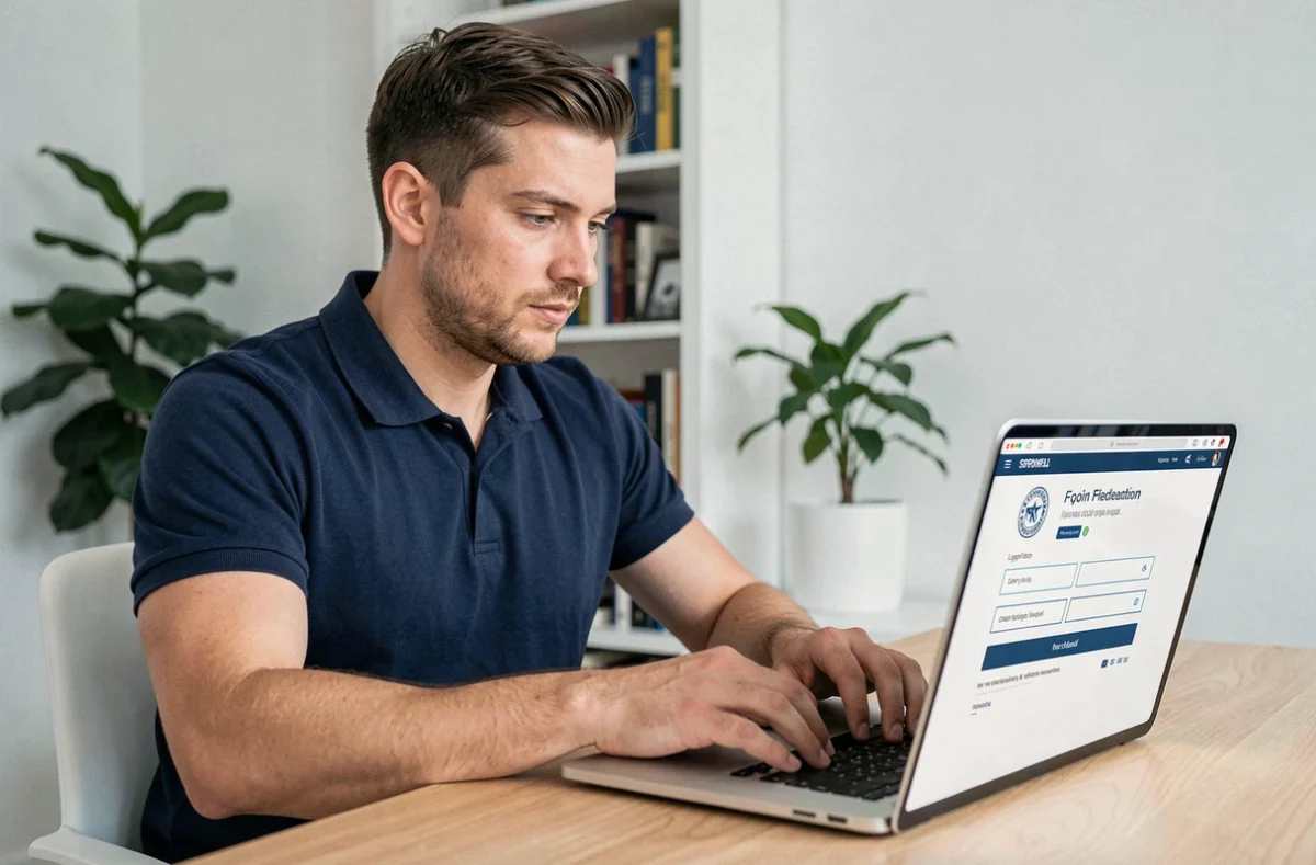 Un homme connecté à son compte Footclub FFF sur un ordinateur portable dans un bureau à domicile