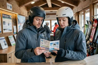 Couple de skieurs étudiant un forfait semaine aux Arcs 1800 au guichet d'une station de ski alpine