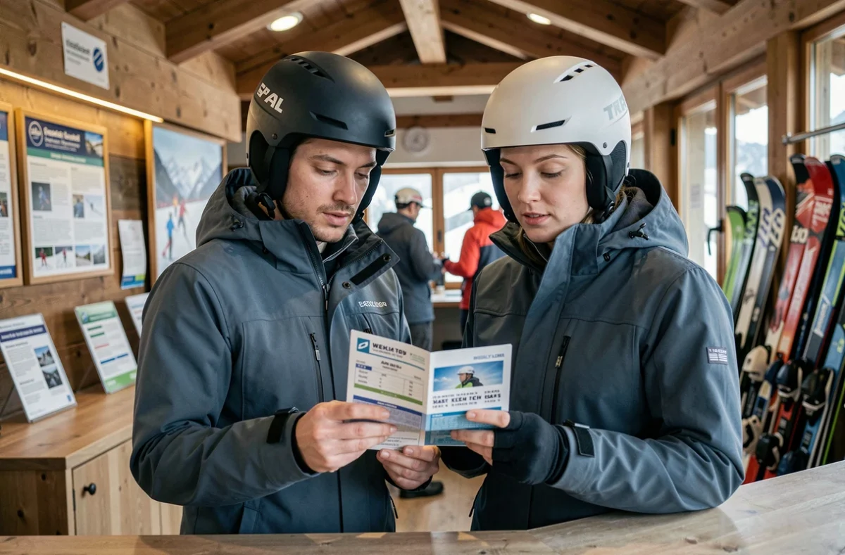 Couple de skieurs étudiant un forfait semaine aux Arcs 1800 au guichet d'une station de ski alpine