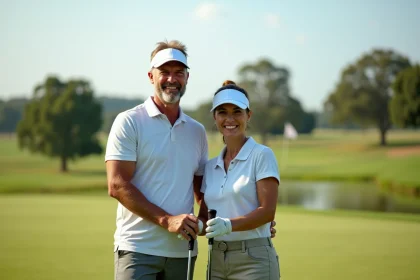 Couple de golfeurs souriants sur le parcours de golf