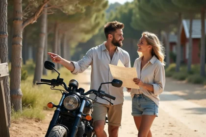 Couple souriant à côté d'une moto custom sur un chemin côtier de Montalivet avec des bungalows en arrière-plan