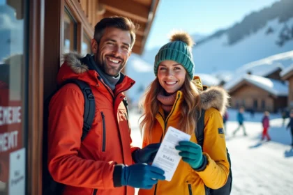 Couple souriant devant le resort de ski Les Menuires