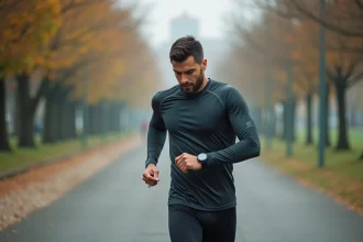 Coureur masculin vérifiant son allure sur une montre GPS pendant un entraînement en parc urbain à l'automne