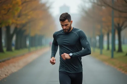 Coureur masculin vérifiant son allure sur une montre GPS pendant un entraînement en parc urbain à l'automne
