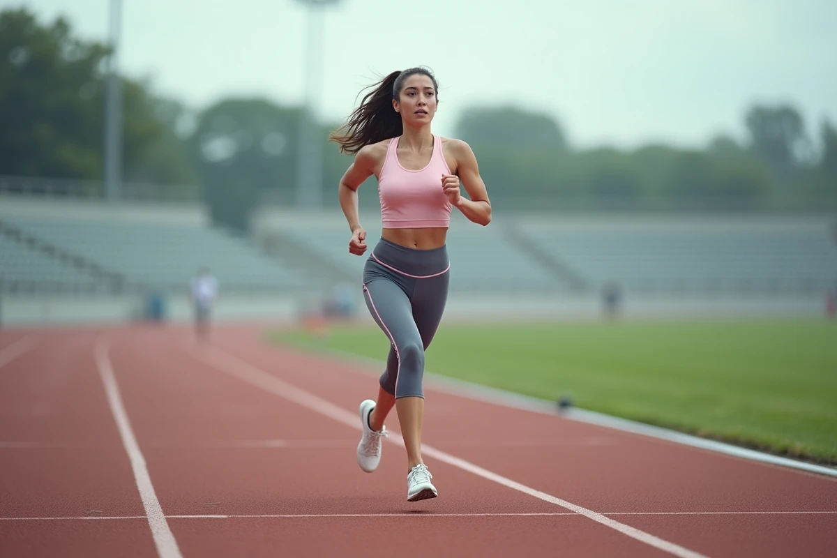 Coureuse en pleine foulée sur une piste d'athlétisme, illustrant le calcul de l'allure au kilomètre pour progresser