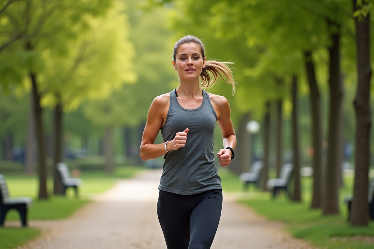 Femme courant dans un parc verdoyant au printemps