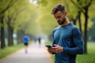 Jeune homme courant utilisant une application de sport en ville