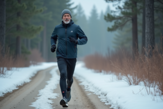 Homme courant en hiver dans la forêt enneigée