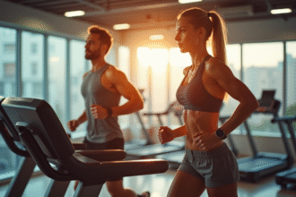 Homme et femme sportifs courant sur tapis dans une salle lumineuse