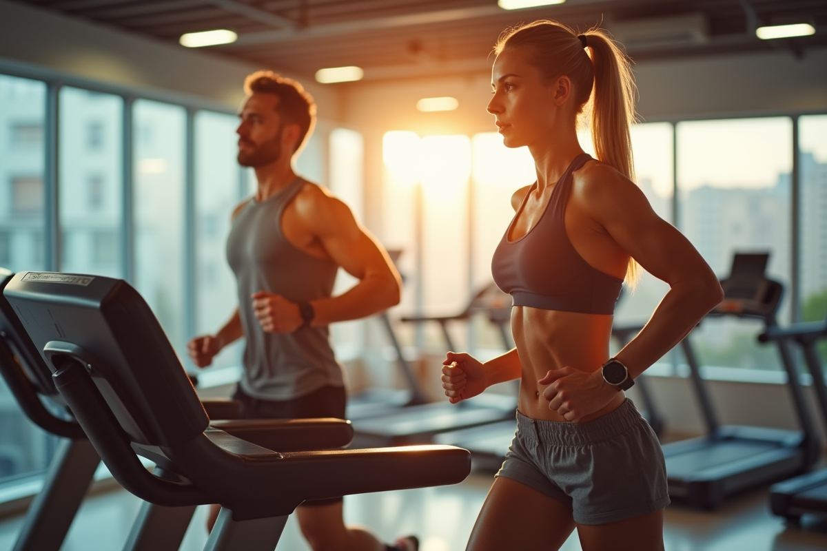 Homme et femme sportifs courant sur tapis dans une salle lumineuse