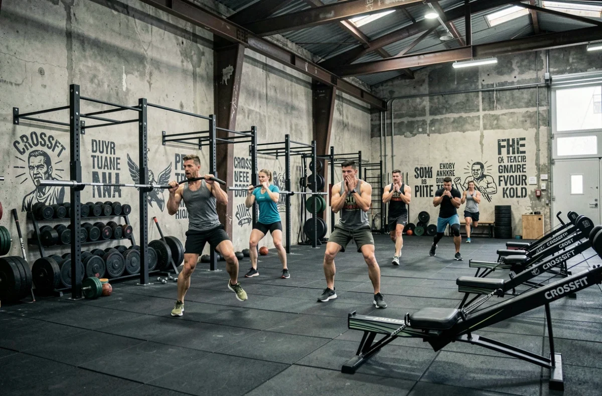 Box CrossFit dans la zone havraise avec rig de tractions et athlètes en entraînement intensif