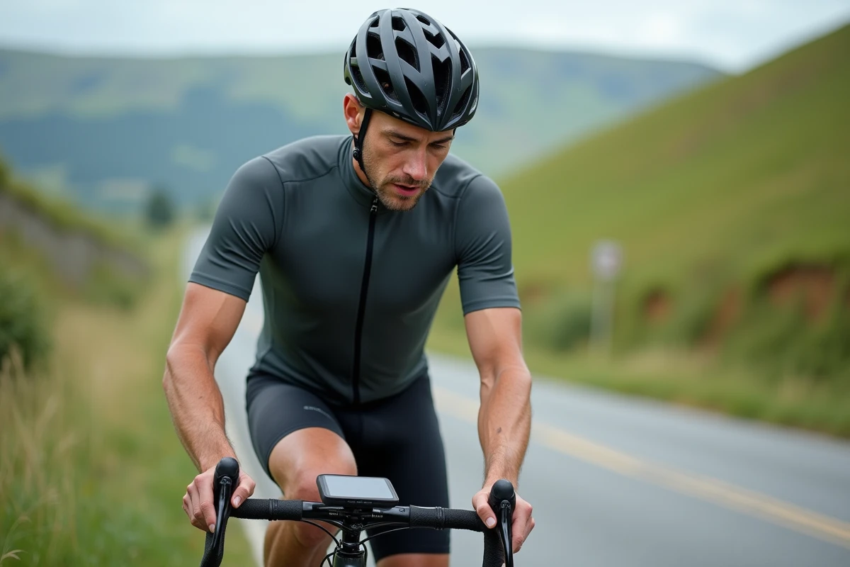 Cycliste masculin consultant ses résultats de course et points de classement sur un compteur GPS après une étape de compétition