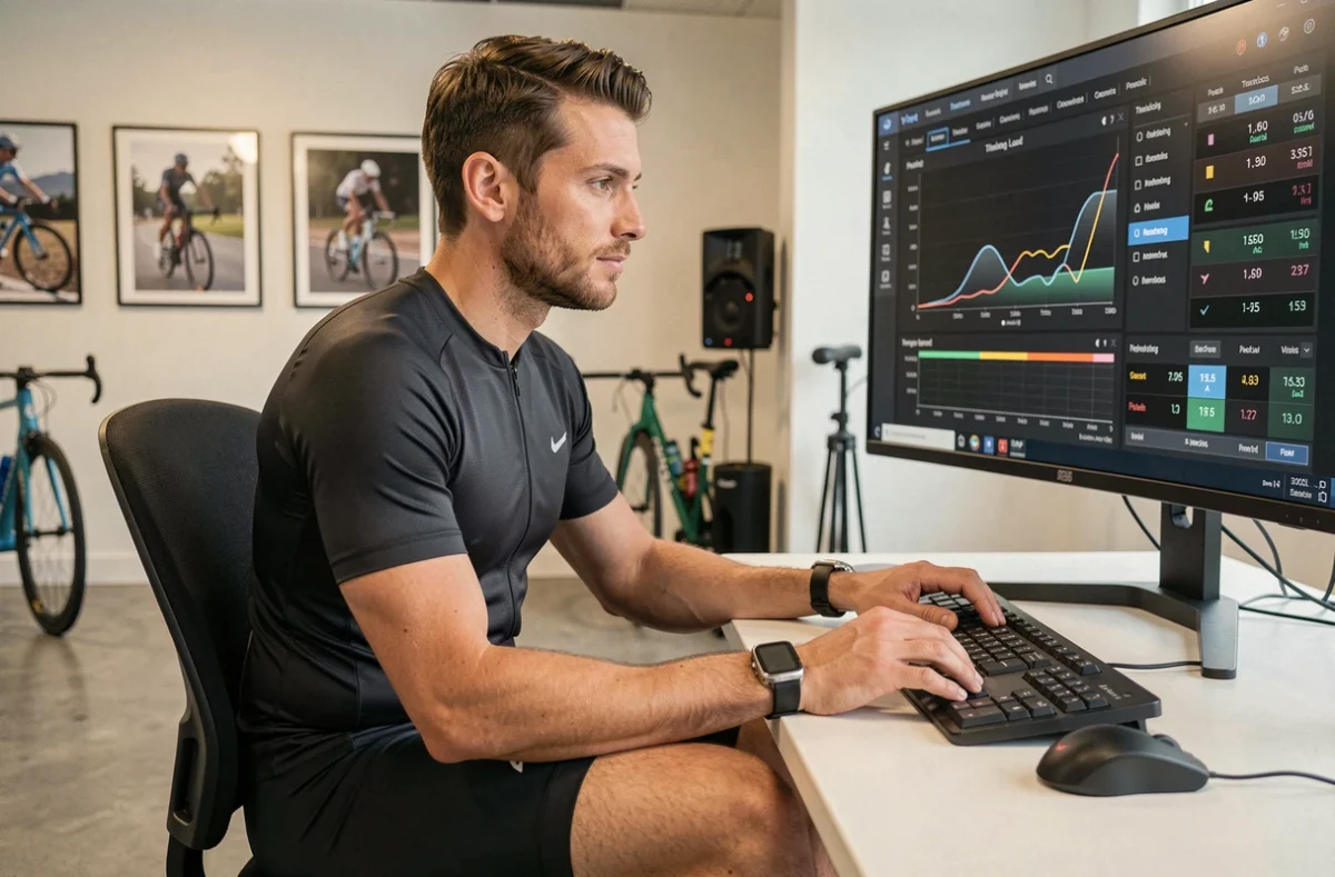 Cycliste d'élite analysant ses données d'entraînement sur ordinateur dans un centre de performance sportive