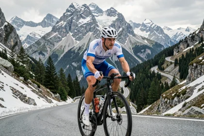 Cycliste professionnel en plein effort sur un col alpin lors d'une séance d'entraînement, préparation 2026
