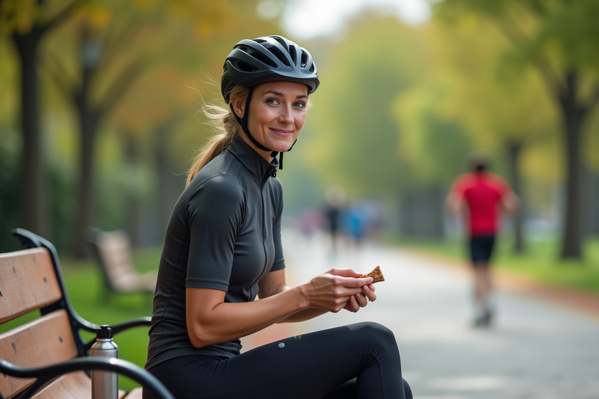 Femme cycliste dégustant une barre énergétique en plein air