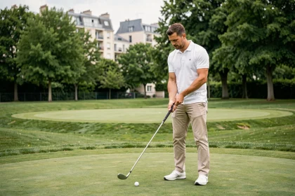 Homme débutant en golf s'apprêtant à frapper une balle sur un parcours 9 trous à proximité de Paris
