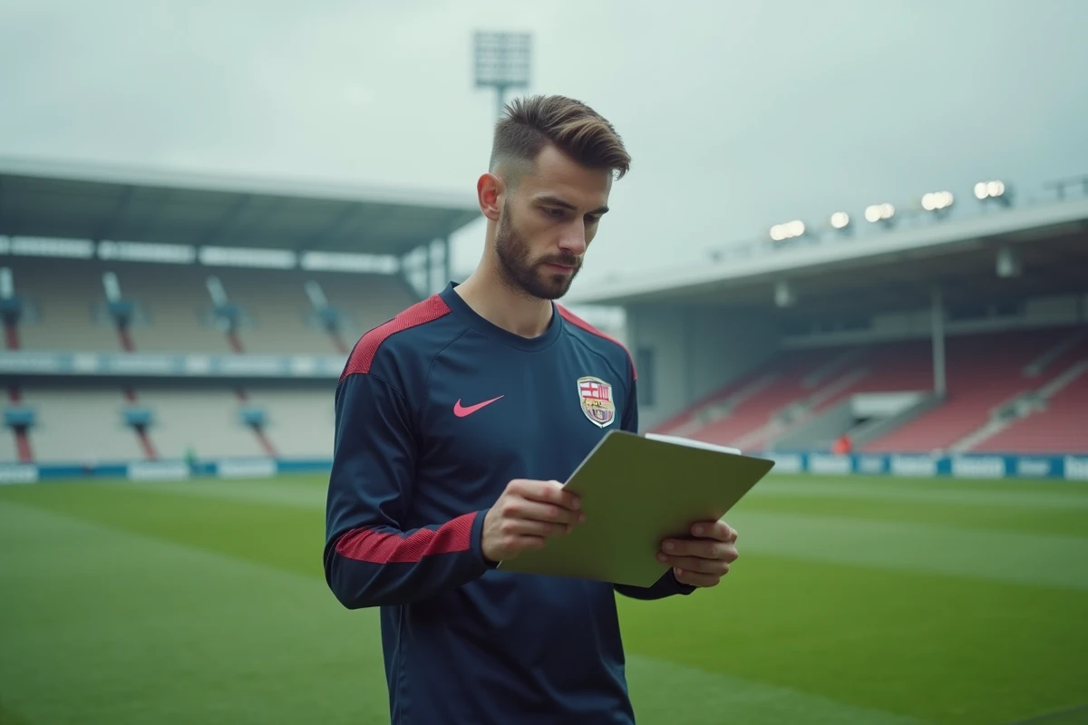 Défenseur du PSG seul sur le terrain d'entraînement, scrutant un tableau tactique sous un ciel nuageux