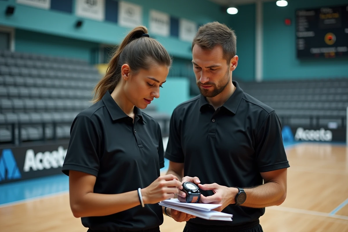 Deux arbitres de handball consultant un carnet et un chronomètre près de la table de marque avant le début d'un match