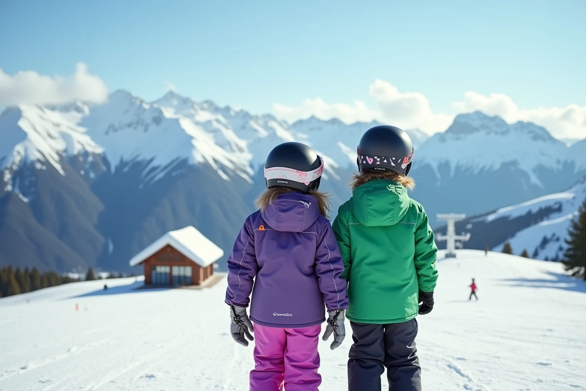 Deux enfants en équipement de ski complet au sommet d'une piste avec vue panoramique sur les montagnes enneigées