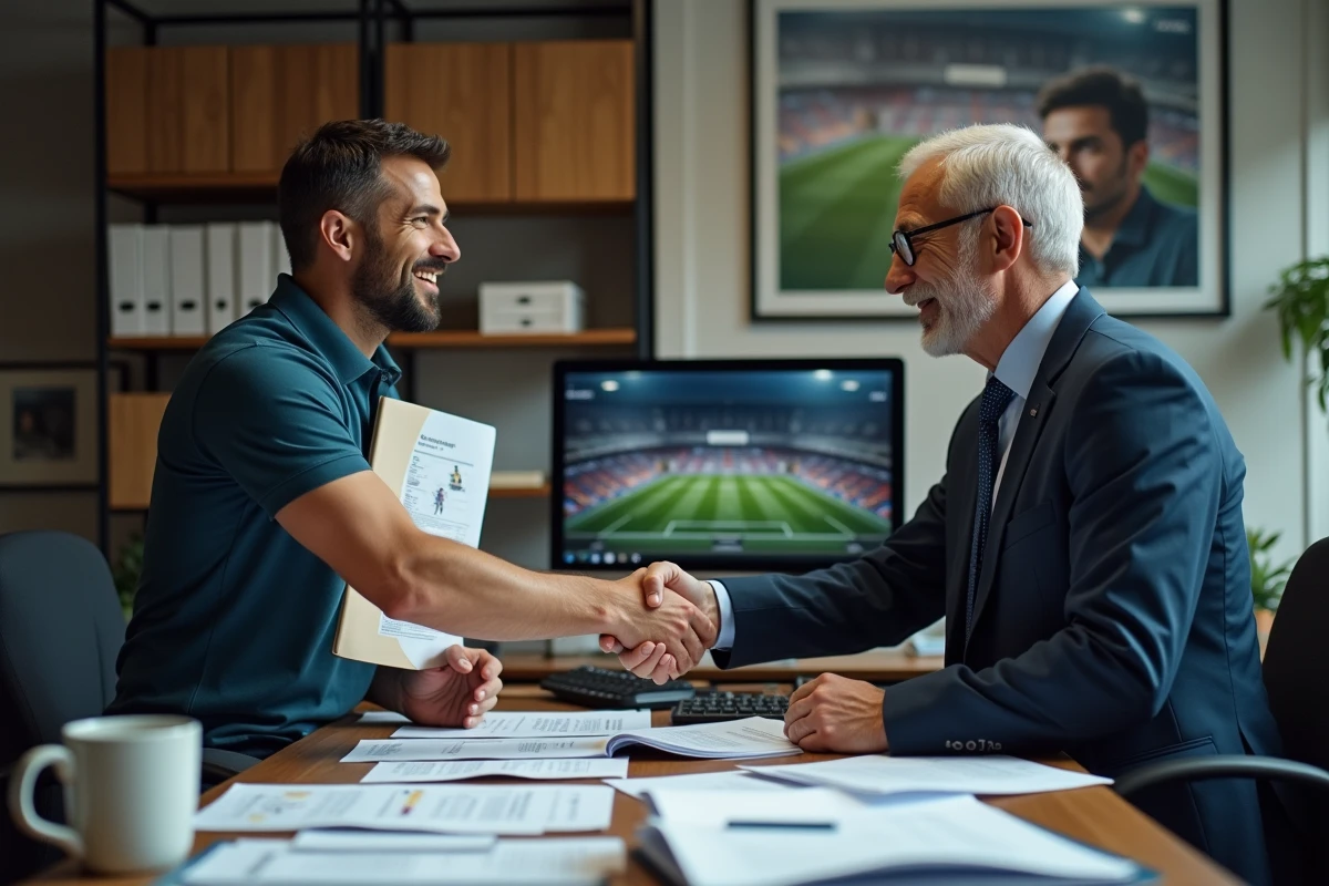 Directeur sportif et représentant d'un club concluant une négociation de transfert par une poignée de main dans un bureau du club de Valenciennes FC