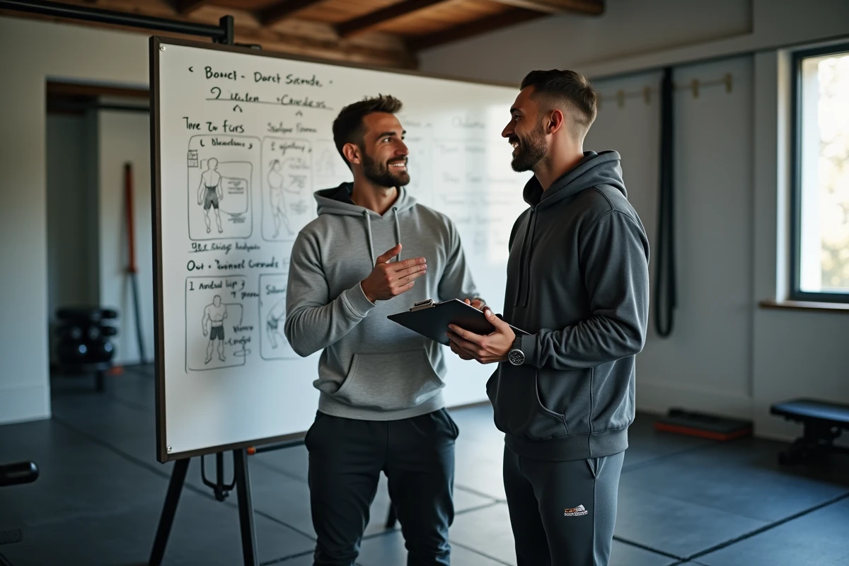 Deux sportifs discutant d'un programme full body inscrit sur un tableau dans une salle de sport à domicile