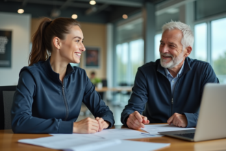 Jeune femme et homme en tenue sportive discutent lors d'une réunion
