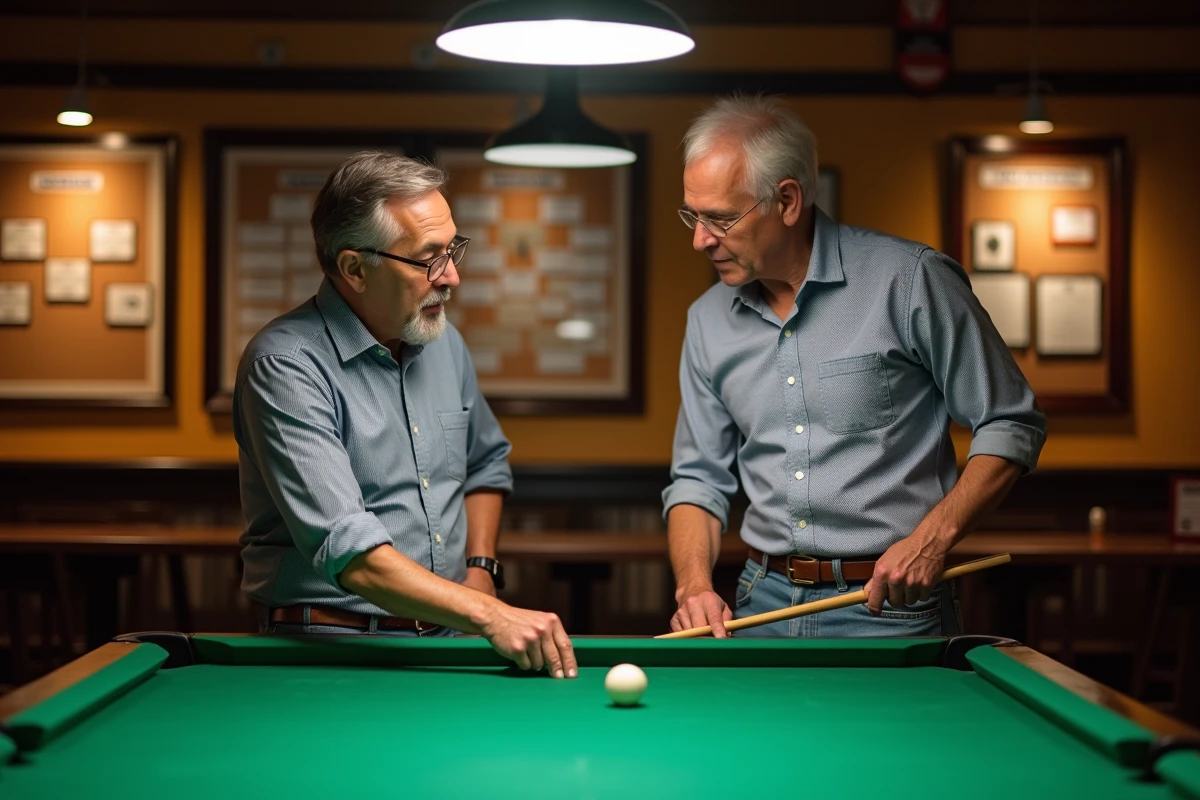Deux joueurs de billard discutant des variantes tolérées pour le placement des billes en club