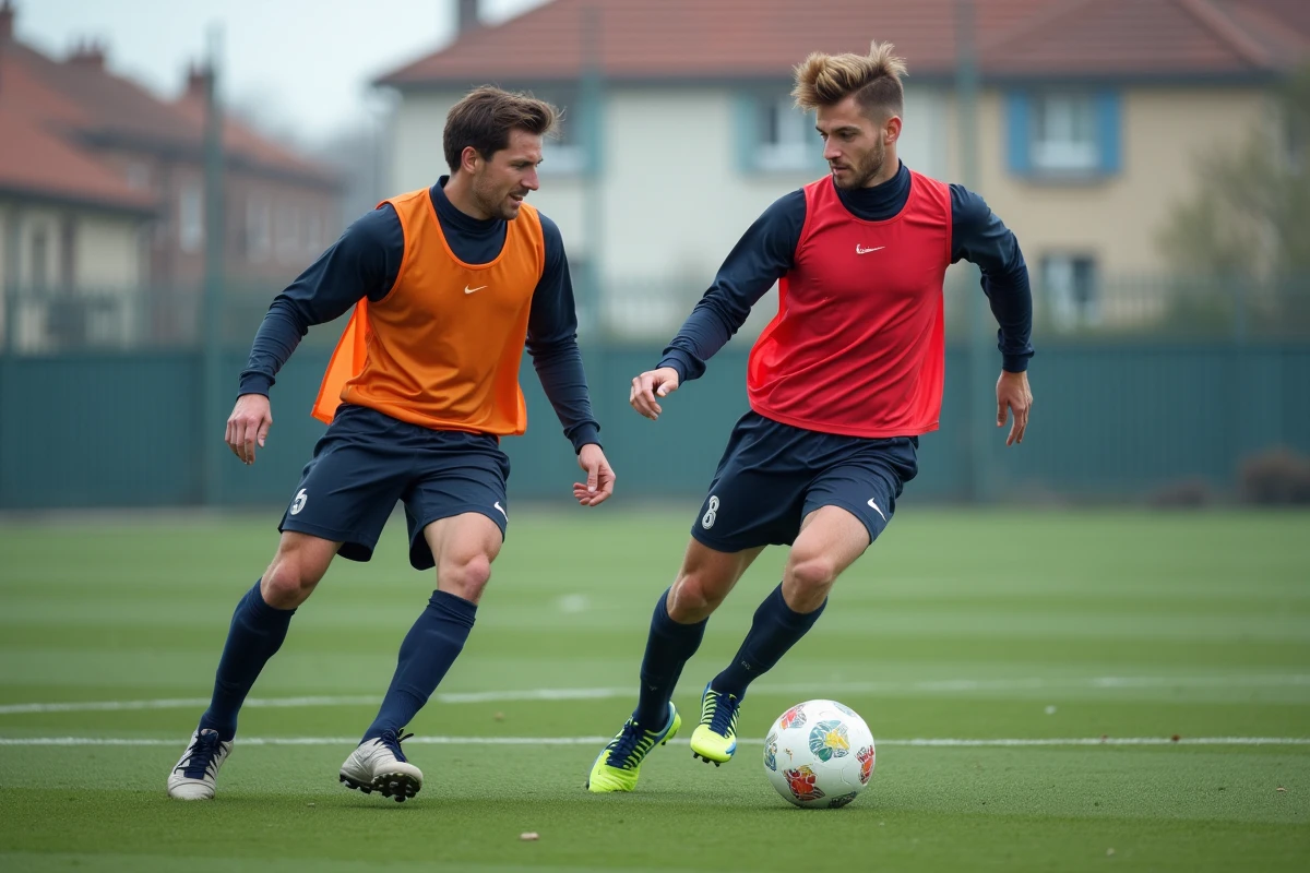 Deux joueurs de National 2 en duel de dribble sur un terrain synthétique d'un club de banlieue française