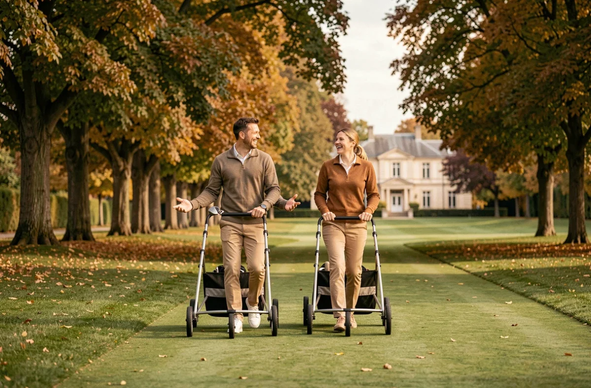 Deux golfeurs débutants marchant sur le fairway d'un parcours 9 trous en Île-de-France avec leurs chariots de golf