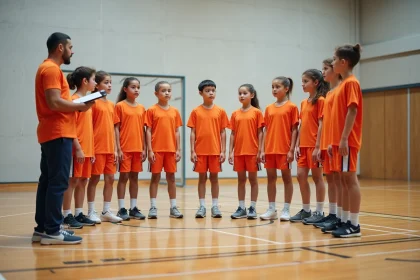 Groupe de jeunes joueurs de handball en gymnase écoutant leur entraîneur lors d'une séance dans une académie sportive au Portugal