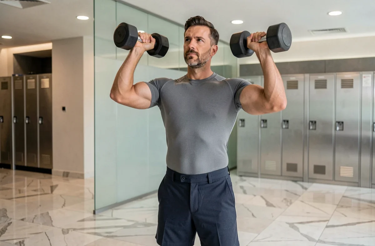Homme réalisant un développé épaule avec haltères dans le cadre haut de gamme d'Elevate Premium Fitness à Bordeaux