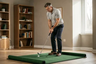 Homme s'entraînant au putting sur un tapis de putting intérieur dans un salon moderne