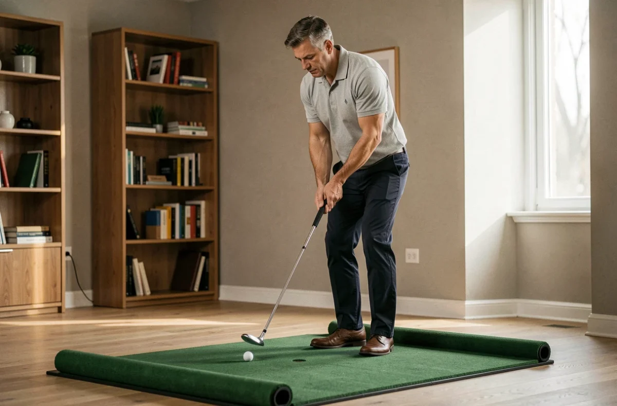 Homme s'entraînant au putting sur un tapis de putting intérieur dans un salon moderne