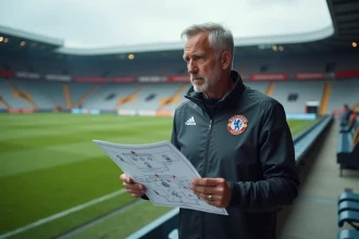 Entraîneur du PSG étudiant sa feuille de composition tactique en bord de terrain avant le match du soir