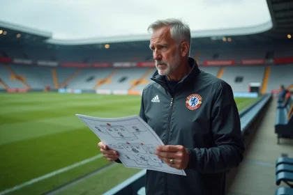 Entraîneur du PSG étudiant sa feuille de composition tactique en bord de terrain avant le match du soir
