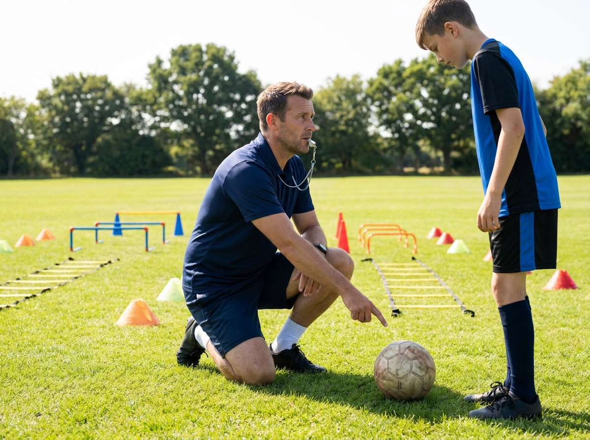 Entraîneur de football en stage estival expliquant un exercice de dribble à un jeune joueur