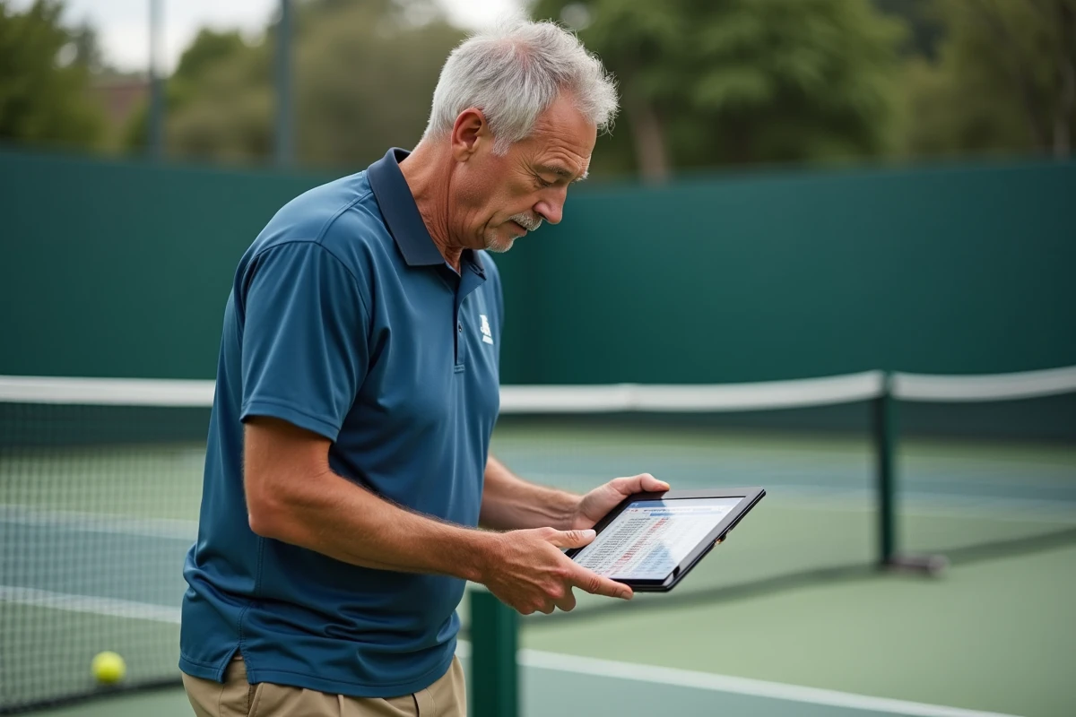 Entraîneur de tennis consultant un tableau de classement ATP sur tablette, analysant les points, forfaits et wild cards