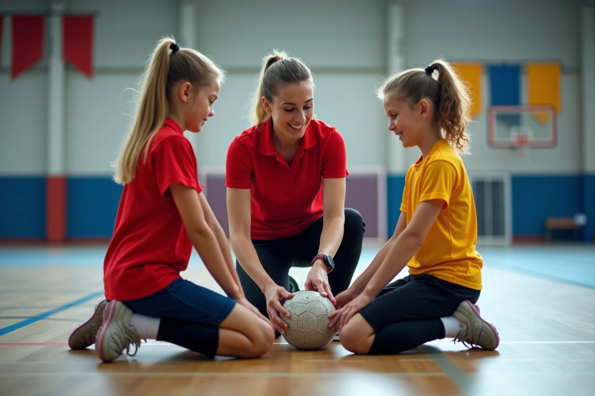 Entraîneuse de handball guidant deux jeunes filles lors d'un cours dans une école de handball pour enfants au Portugal