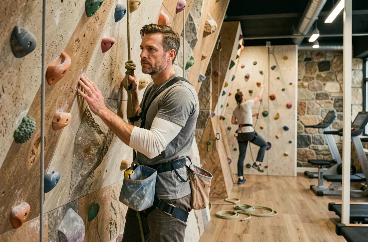 Grimpeur étudiant les voies d'Entre Terre et Ciel, salle d'escalade avec décor en pierre naturelle