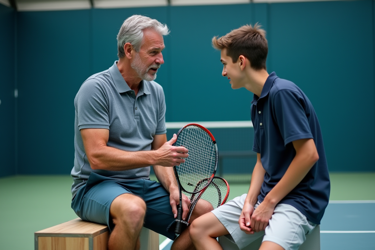 Homme et adolescent discutent de raquettes de tennis en intérieur