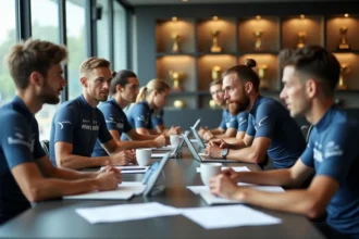 Groupe de cyclistes en réunion dans un lounge moderne