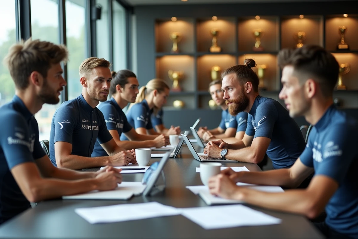 Groupe de cyclistes en réunion dans un lounge moderne