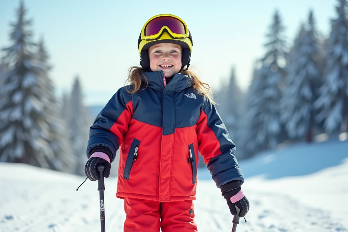 Jeune fille en équipement de ski complet rouge et marine avec casque et lunettes de ski sur une piste enneigée de station alpine
