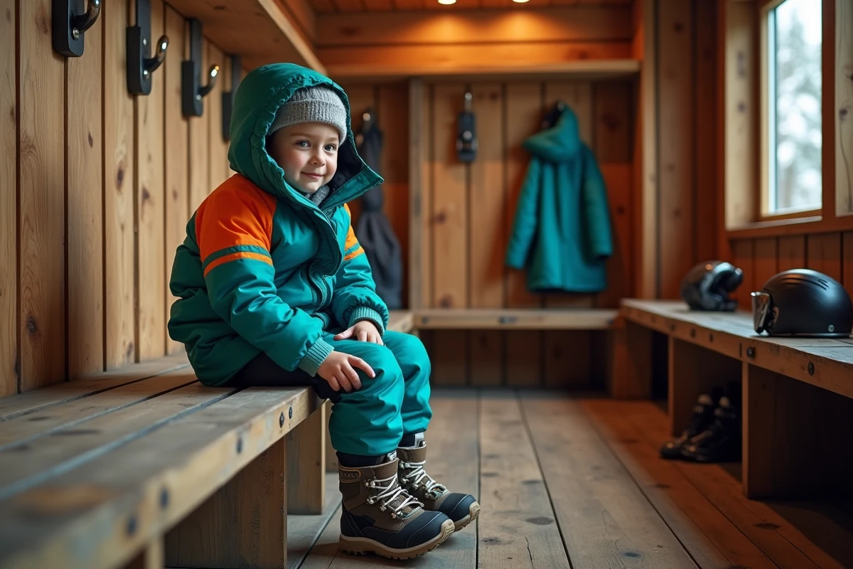 Garçon enfilant ses chaussures de ski dans le vestiaire d'un chalet de montagne avec équipement de ski enfant posé sur le banc