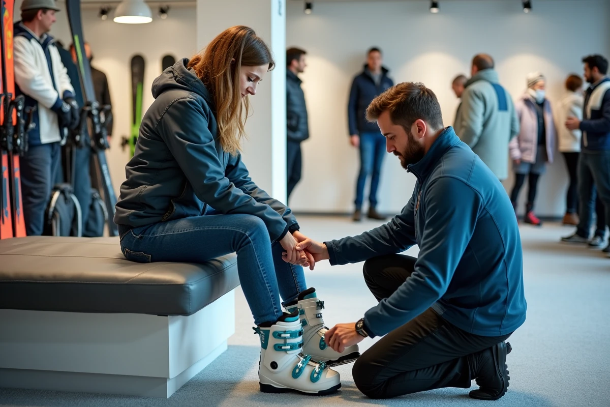 Essayage de chaussure de ski femme avec un technicien vérifiant l'ajustement dans un magasin de sport