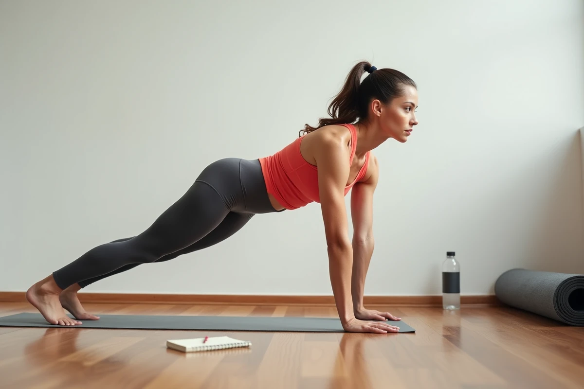 Femme en position de planche callisthénie à domicile avec carnet de suivi des progrès posé au sol