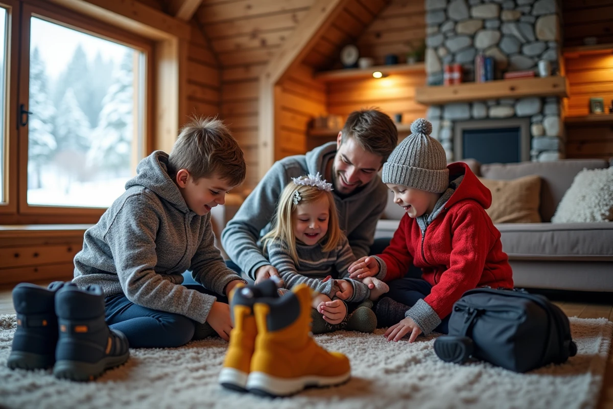 Famille déballant leur équipement de ski dans un chalet