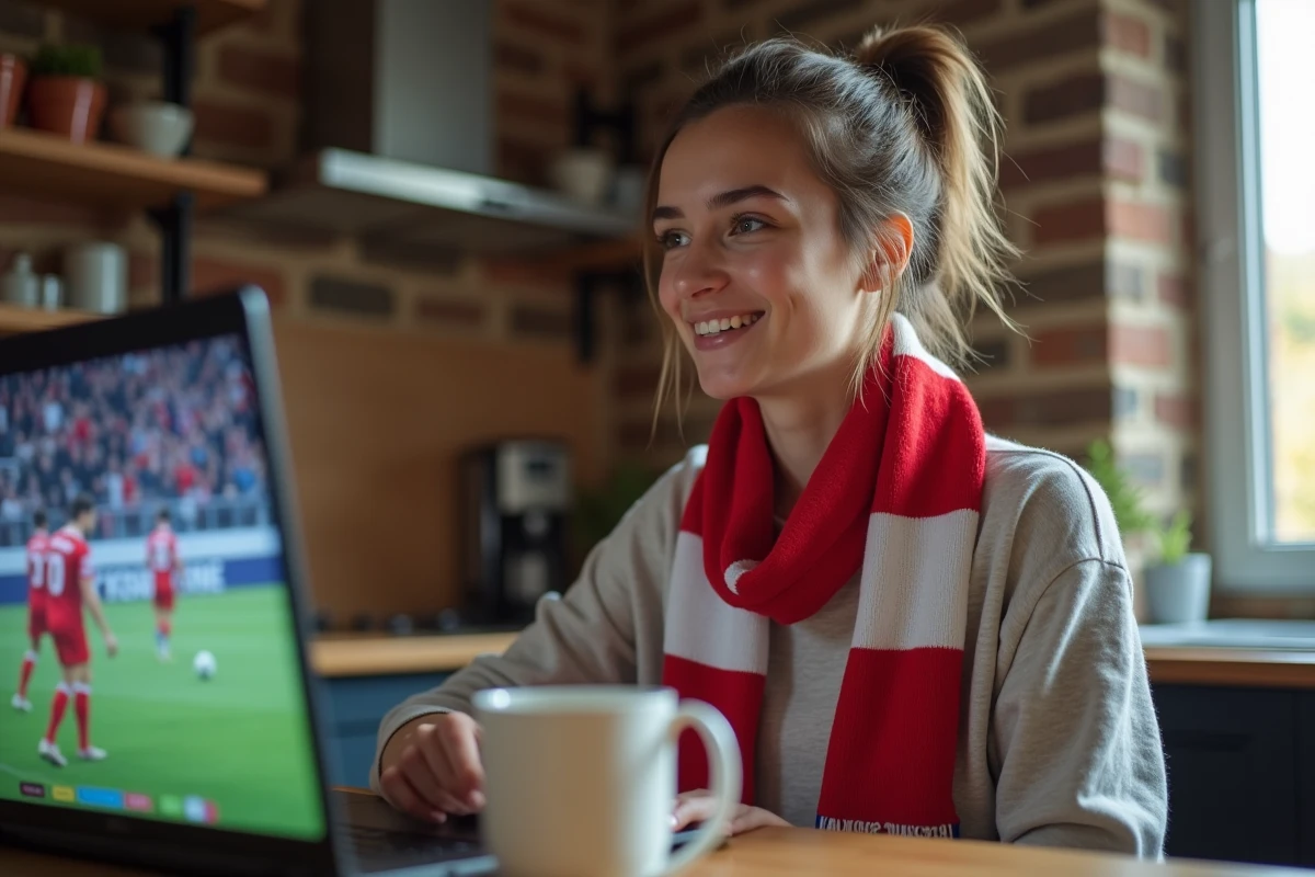 Fan de l'AJA suivant un match en direct sur ordinateur portable avec son téléphone pour réagir avec les supporters